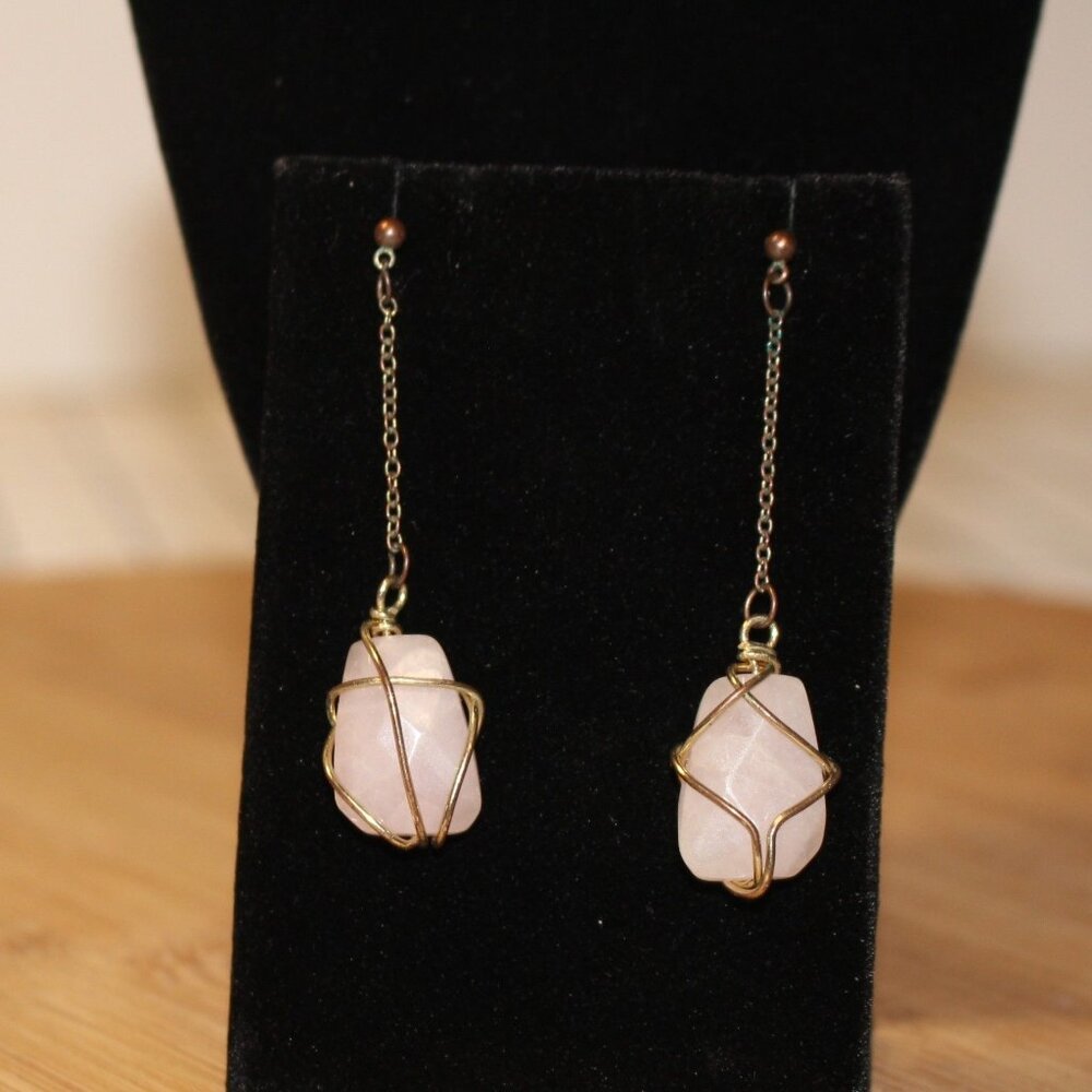 Wire-Wrapped Pink Stone Drop Earrings Gold-Tone Finish Minimalist Chain Design